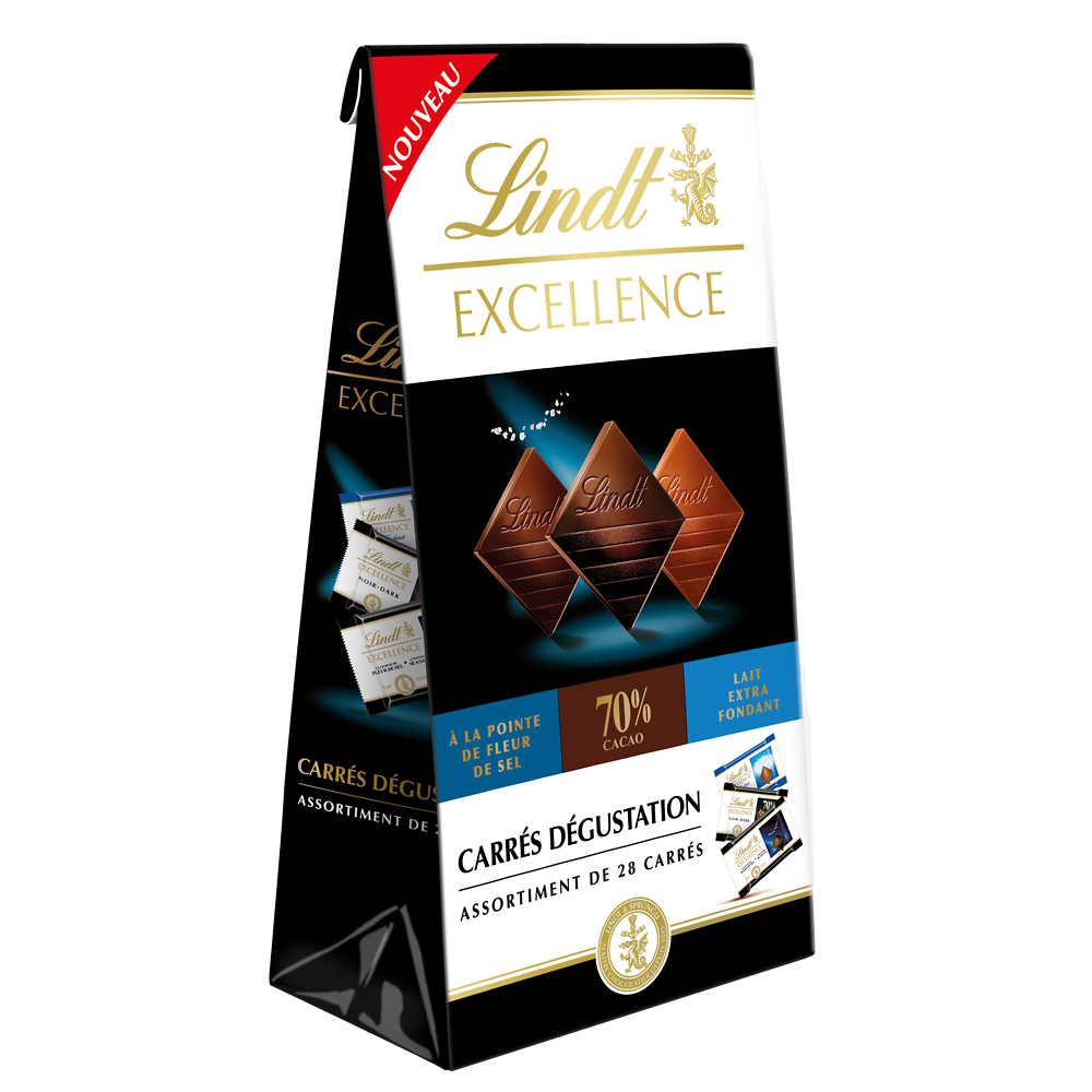 Assortiment de 28 bouchées de chocolats noir 70%, noir à la fleur desel et au lait LINDT sachet 154g