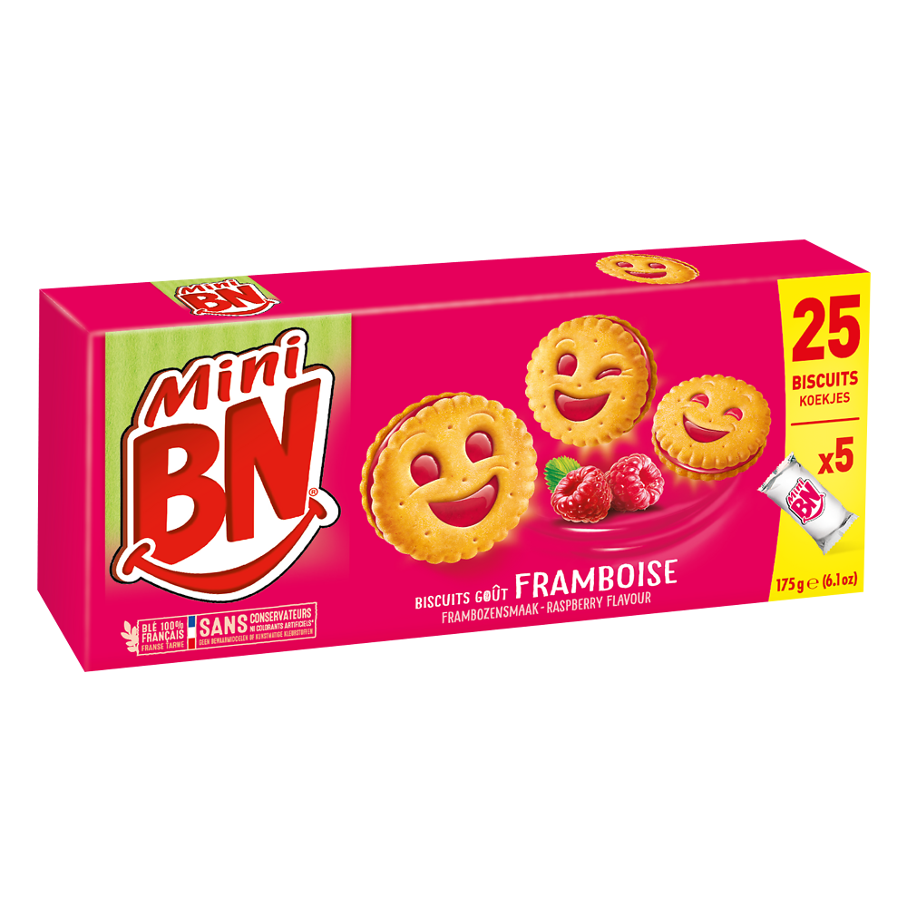 Mini biscuits fourrés framboise BN, x5 soit 175g