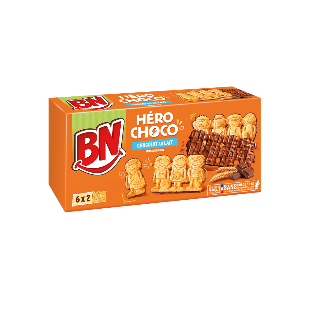 Biscuits fourrés héro chocolat nappés chocolat au lait BN, paquet 180g