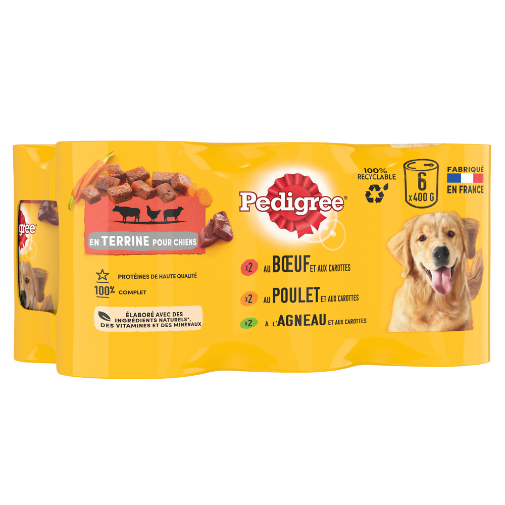 Boîtes chien en terrine au boeuf, au poulet et à l'agneau PEDIGREE - 6x400g