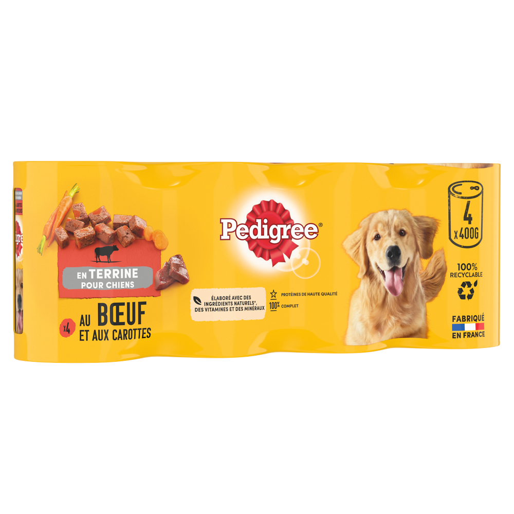 Boîtes chien en terrine au boeuf et aux carottes PEDIGREE - 4x400g