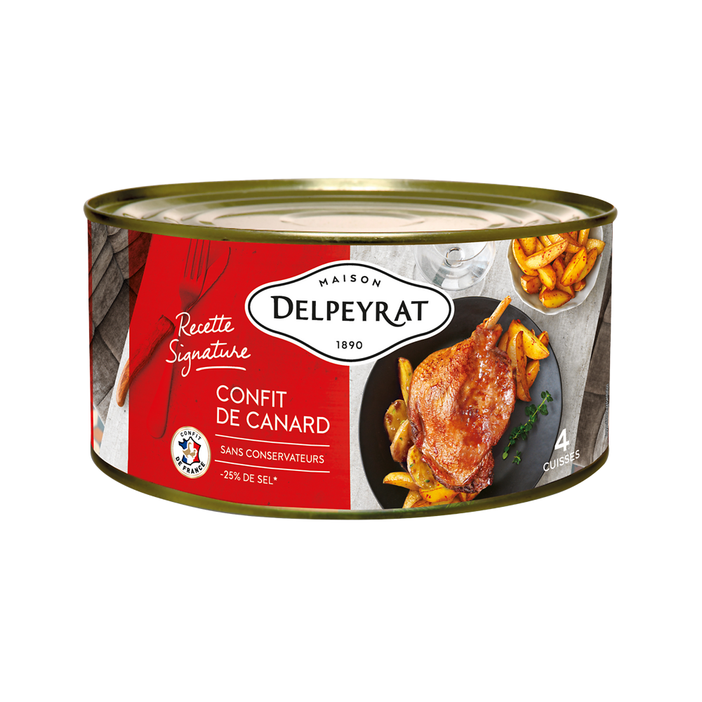 Confit de canard du Sud Ouest DELPEYRAT, -25% de sel, x4 cuisses soit1,350kg