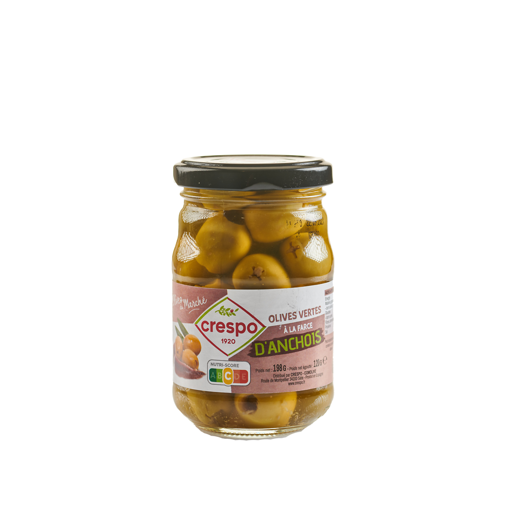 Olives vertes fourrées farce d'anchois CRESPO, 120g