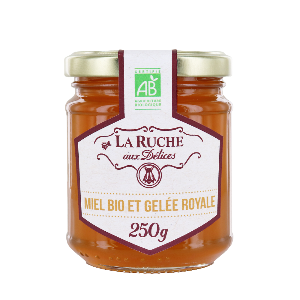 Miel et gelée royale bio LA RUCHE AUX DELICES, pot en verre de 250g