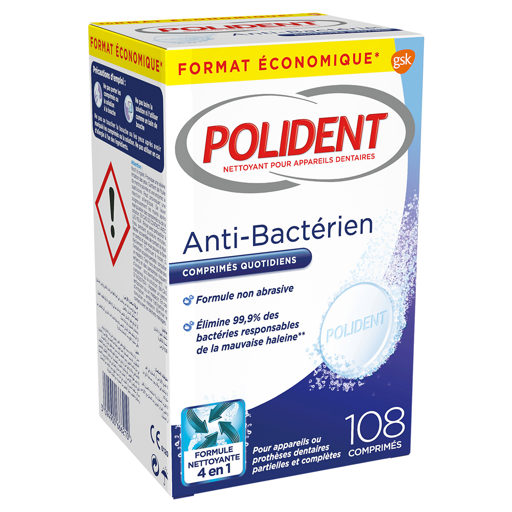 Nettoyant appareil dentaire anti-bactériens POLIDENT x108 comprimés