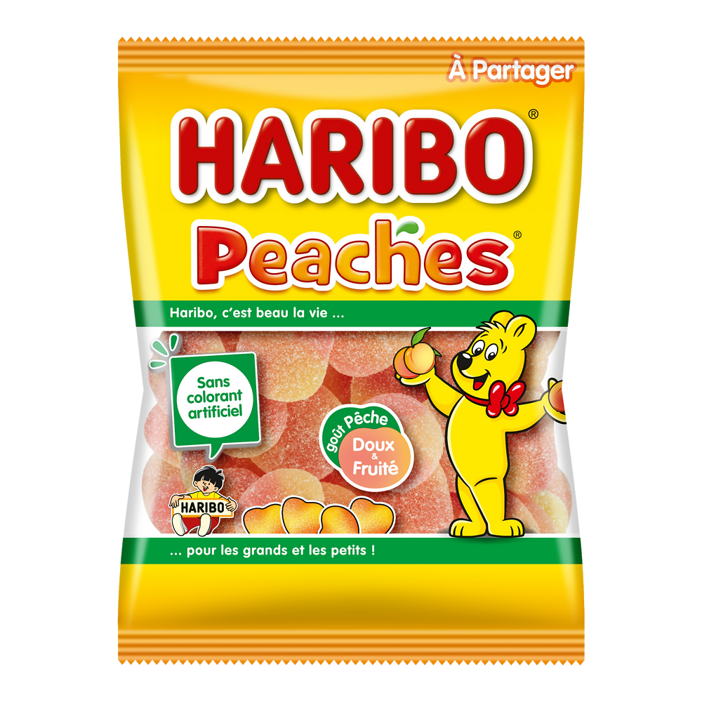 Bonbon Confiserie gélifiée arômatisée peaches HARIBO, sachet de 250g