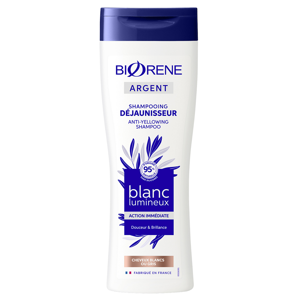 Shampooing cheveux blanc et gris déjaunisseur blanc éclatant argent BIORENE, flacon 250ml