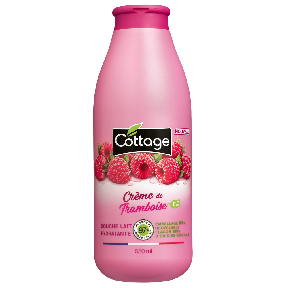 Douche lait hydratante crème de framboise bio COTTAGE flacon 550ml97% ingrédients naturels flacon 100% végétal