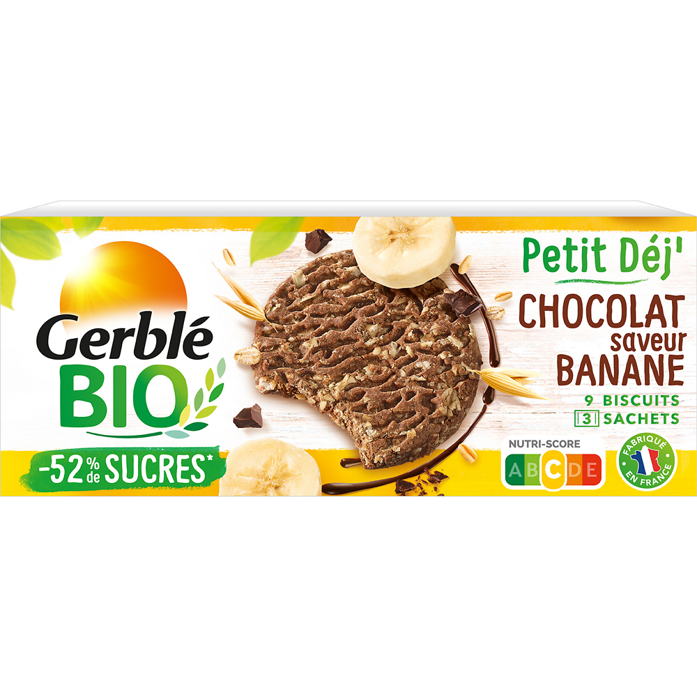 Biscuits petit'dej chocolat banane GERBLE BIO - 3x3, 132g