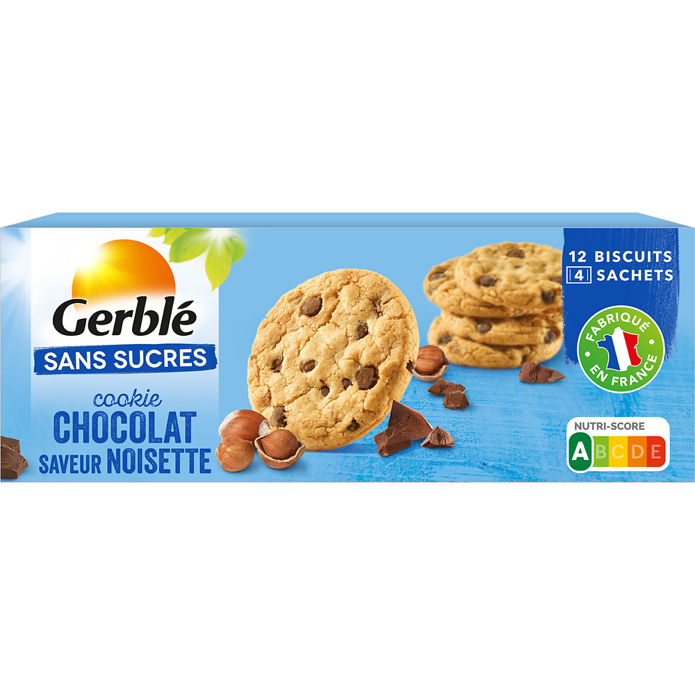 Cookies aux pépites chocolat & noisette sans sucre ajouté GERBLE, 130g