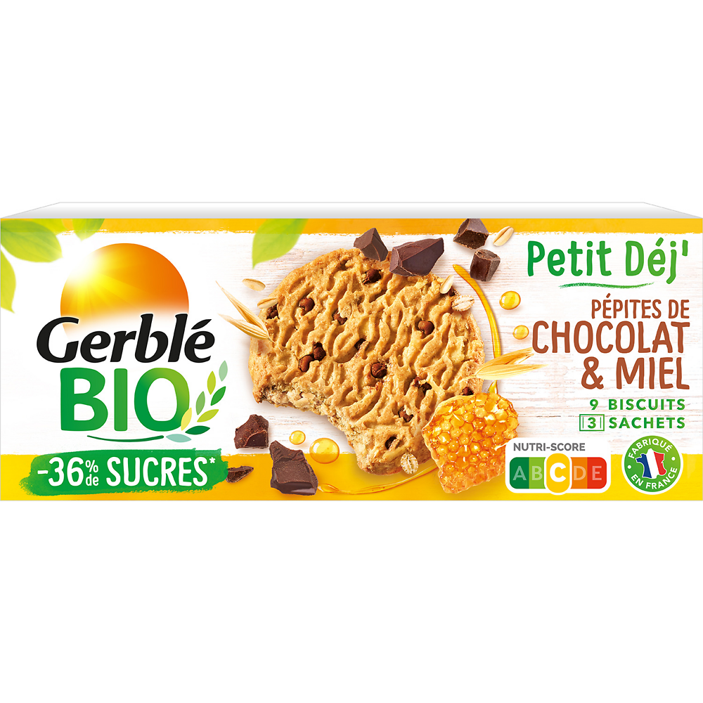 Petit dej'aux pépites de chocolat et au miel GERBLE BIO, étui 132g