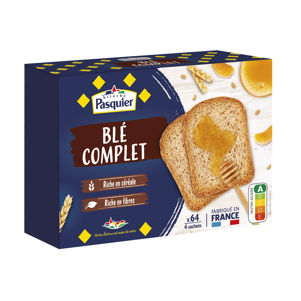 Biscottes au blé complet PASQUIER, boîte 64 tranches, 550g