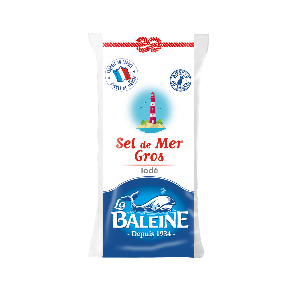 Gros sel blanc iodé LA BALEINE, sachet de 1kg