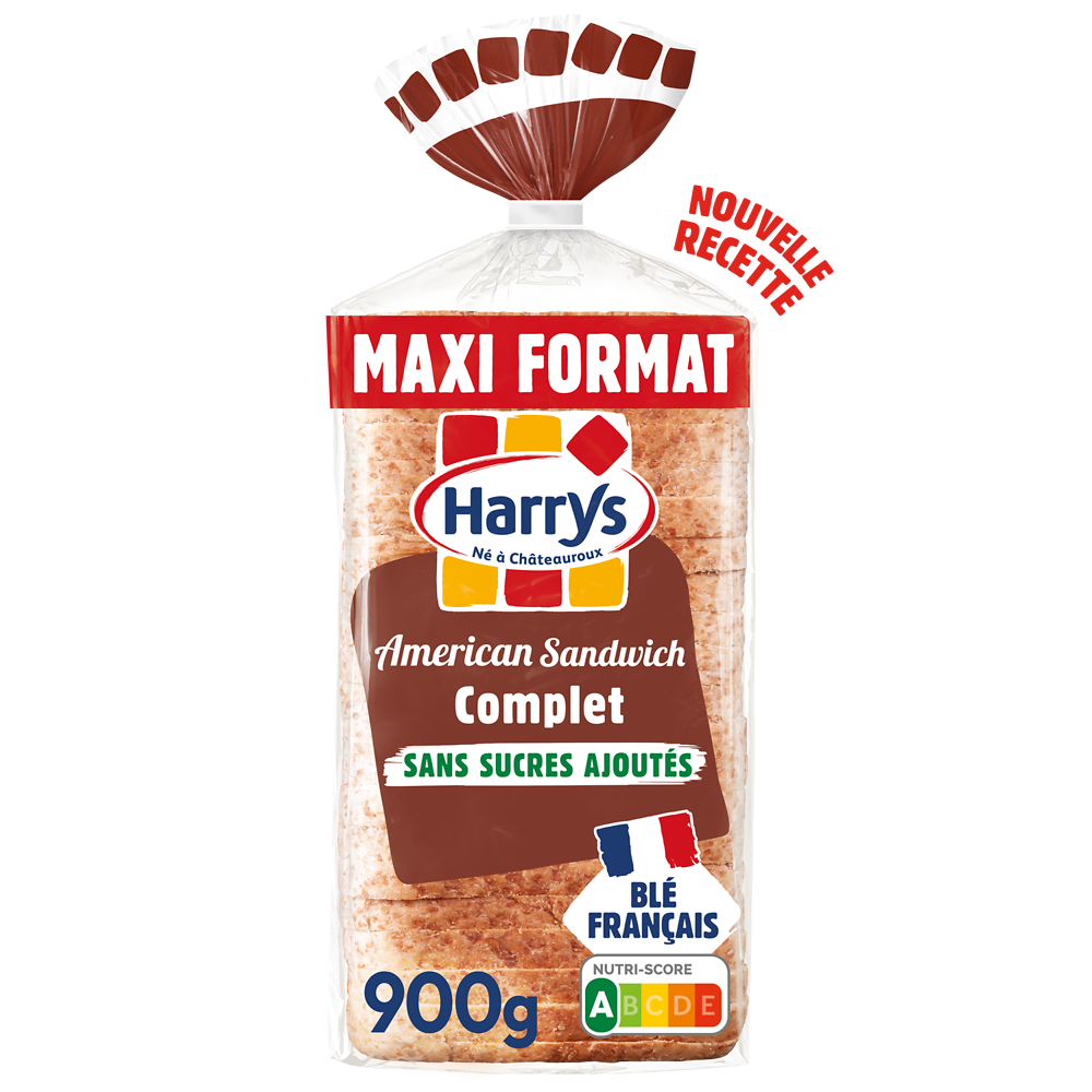 Pain de mie American Sandwich complet sans sucres ajoutés HARRYS 900g