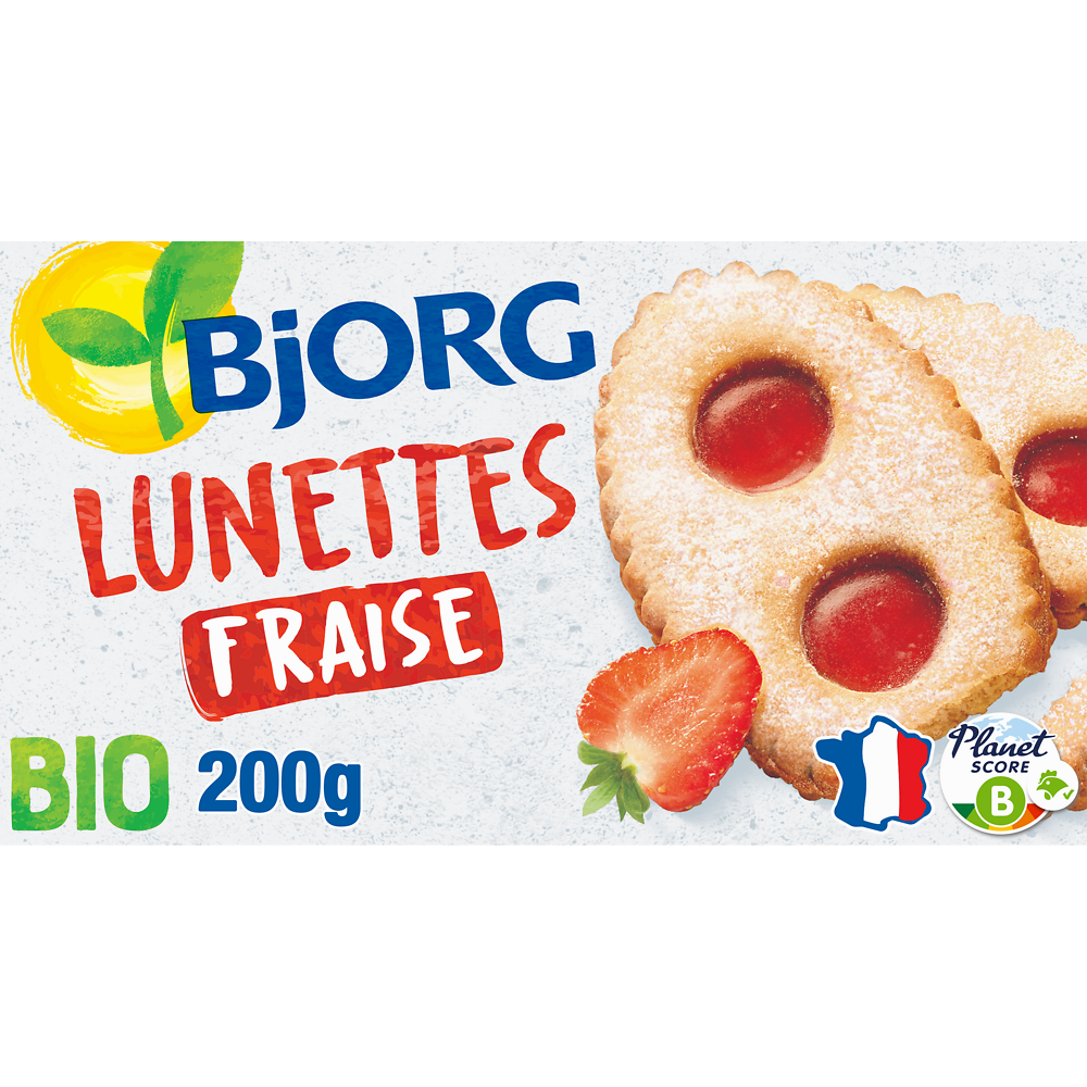 Biscuits lunettes à la fraise bio BJORG, paquet de 200g