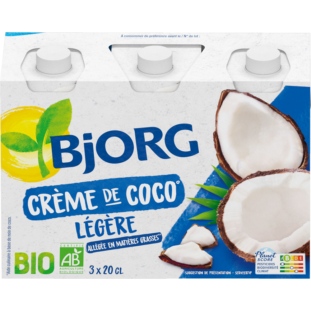 Crème de coco légère bio BJORG, 3x200ml