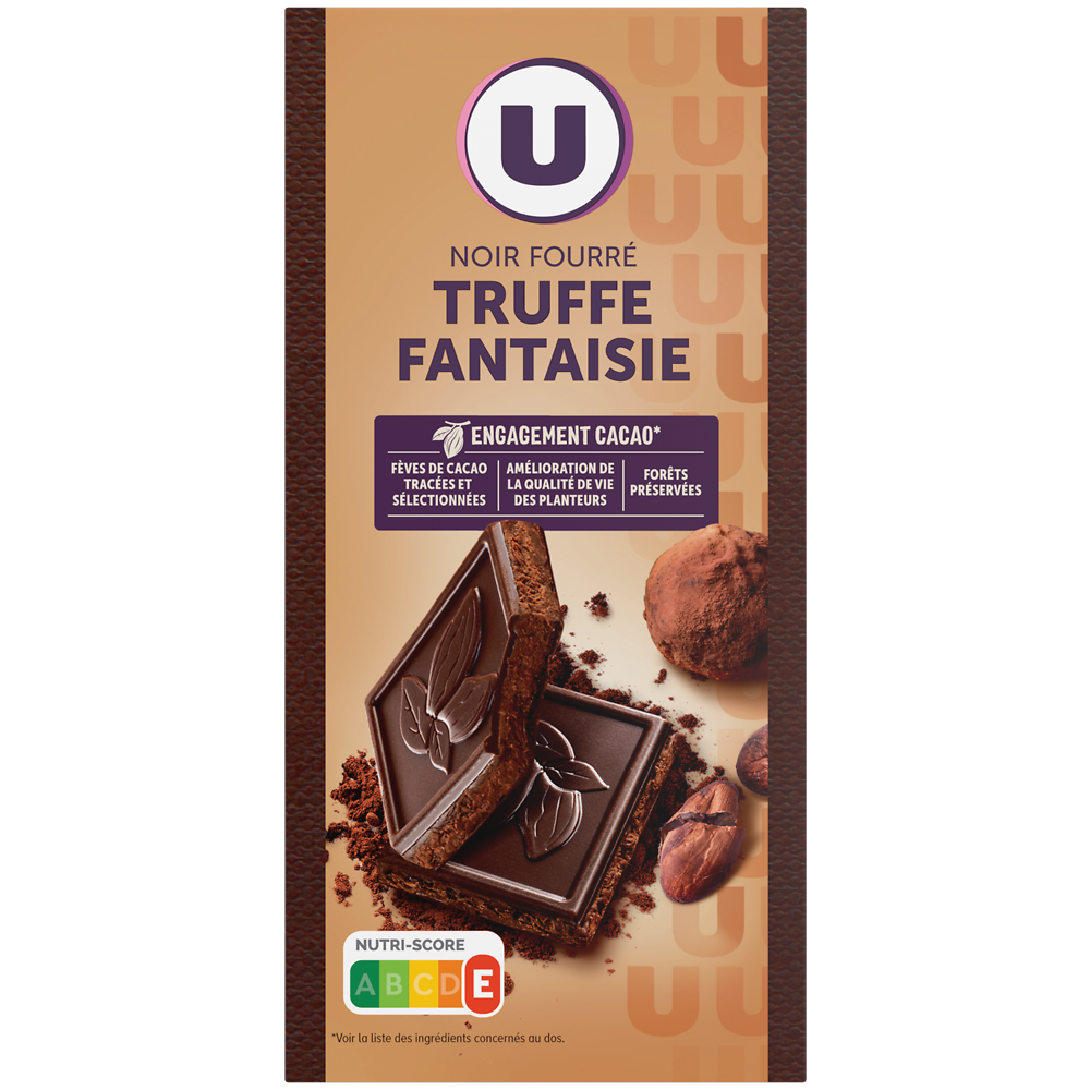 U Chocolat noir fourré à la truffe fantaisie, éclats de fèves de cacao caramélisés  Tablette de 150g