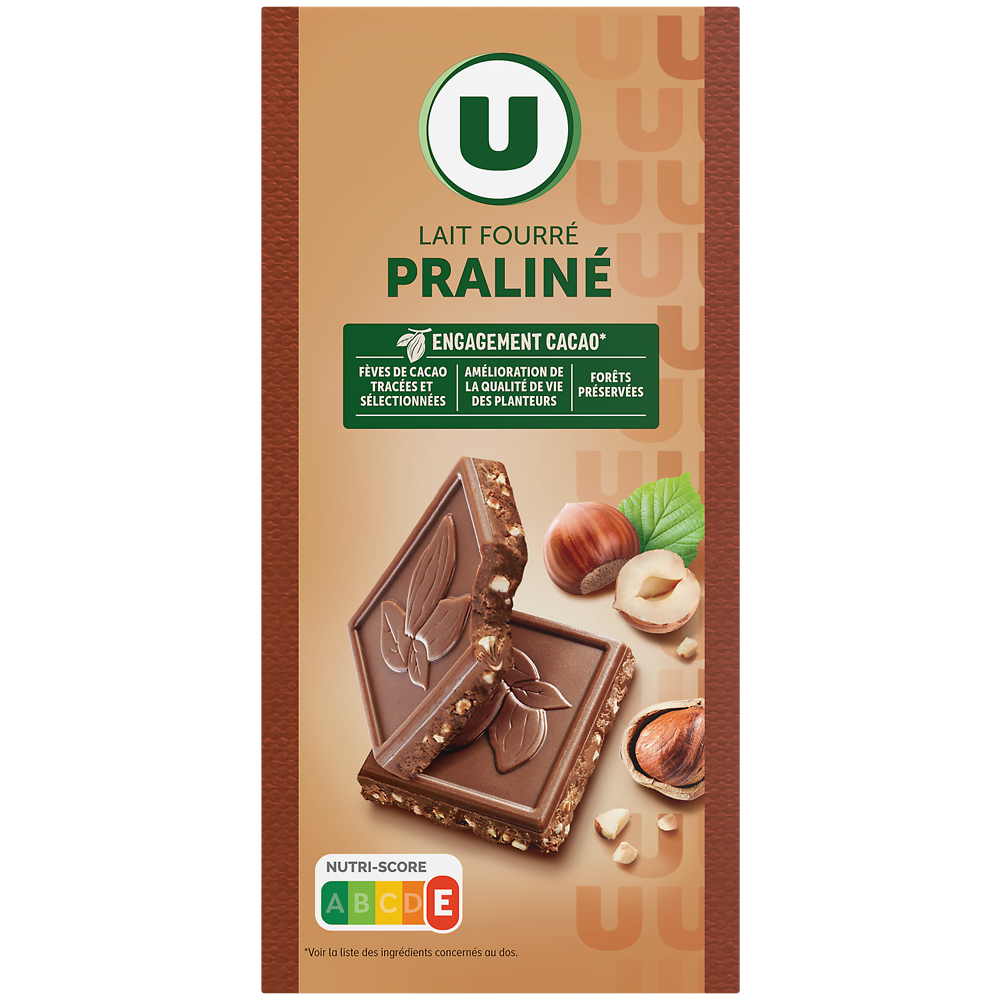 U Chocolat au lait fourré praliné et éclats de noisettes caramélisés Tablette de 150g