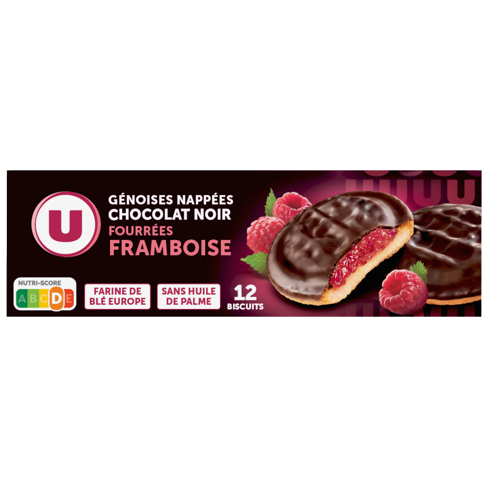 U Biscuits fourrés à la framboise nappés de chocolat  paquet de 150g