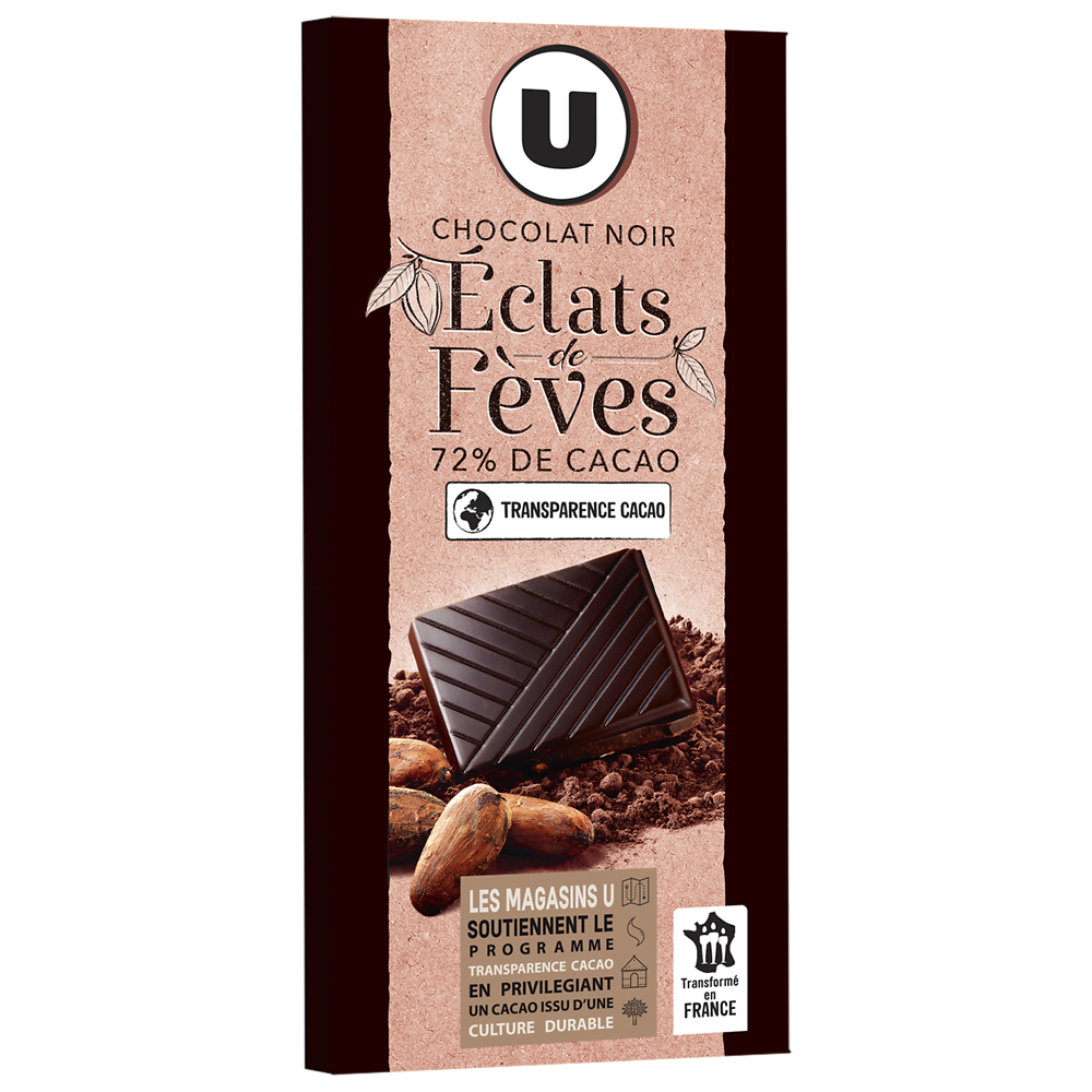 U Chocolat noir dégustation 72% d'éclats fèves de cacao  Tablette de 100g