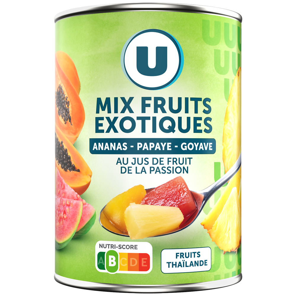 U Mélanges de fruits tropicaux préservés au jus de fruits de la passionU, boîte 3/4, 565g