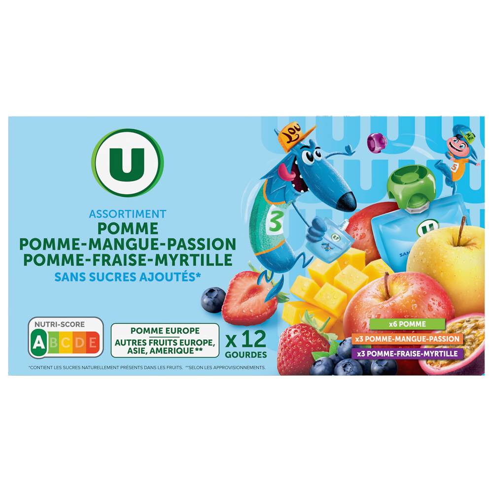 U Dessert fruitier sans sucres ajoutés purée pomme nature, pomme-mangue-passion, pomme-fraise-myrtille U, 12x90g