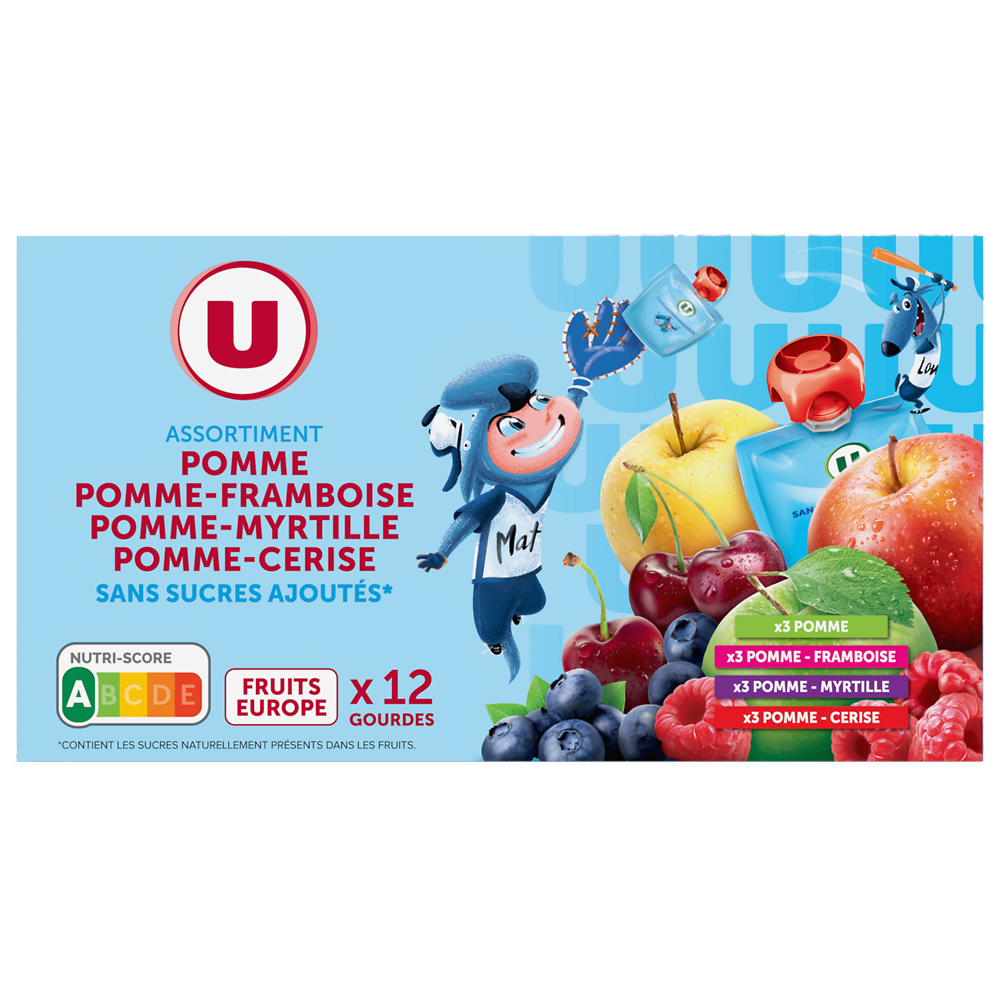 U Dessert fruitier sans sucres ajoutés purée pomme nature, pomme-framboise, pommme-myrtille, pomme-cerise U, 12x90g