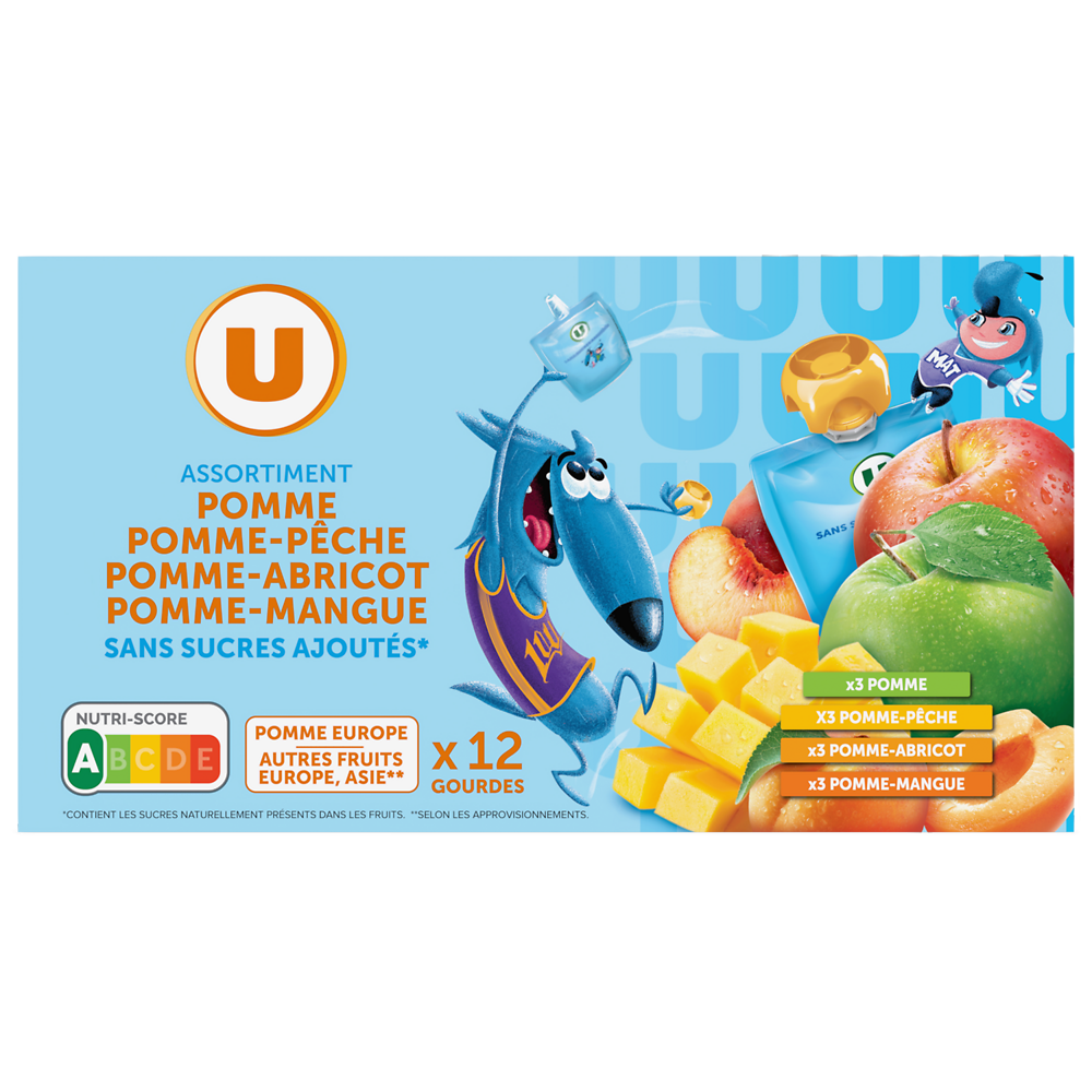 U Dessert fruitier sans sucres ajoutés purée pomme nature, pomme-pêche,pomme-abricot, pomme-mangue U, 12x90g