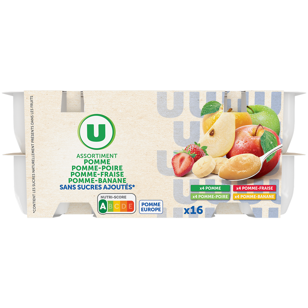 U Dessert fruitier coupelles pomme fraise poire banane sans sucres ajoutés U, 16x100g