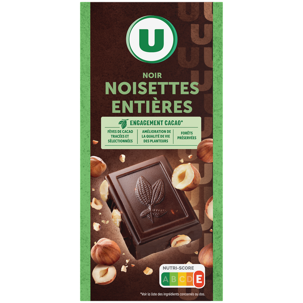 U Chocolat noir et noisettes entières  Tablette de 200g