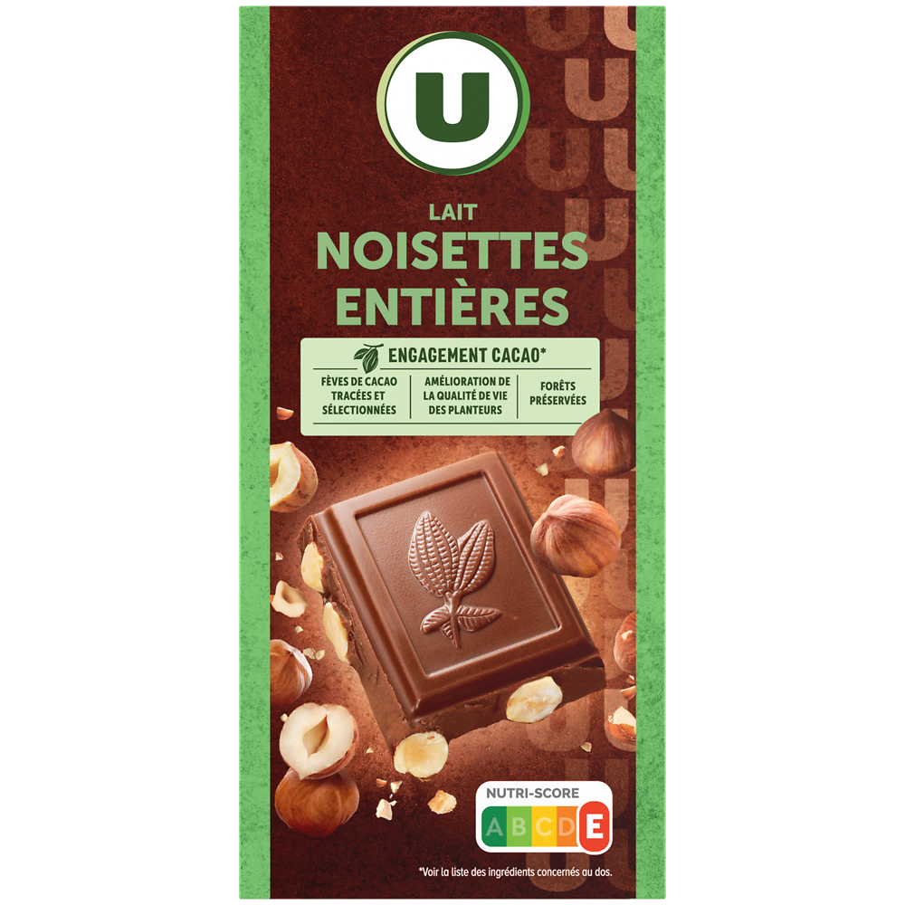 U Chocolat au lait et aux noisettes entières  Tablette de 200g