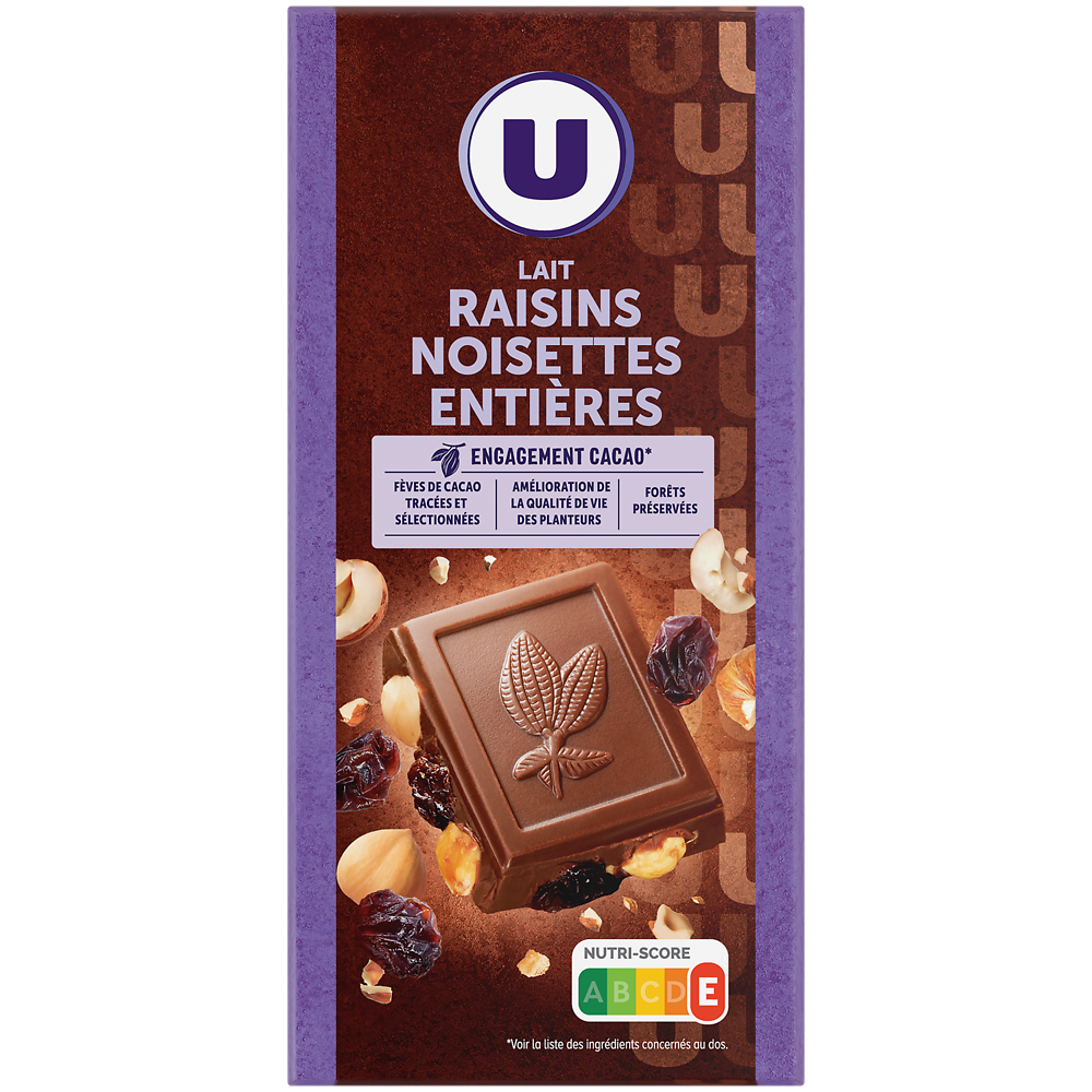 U Chocolat au lait extra raisins et noisettes  Tablette de 200g