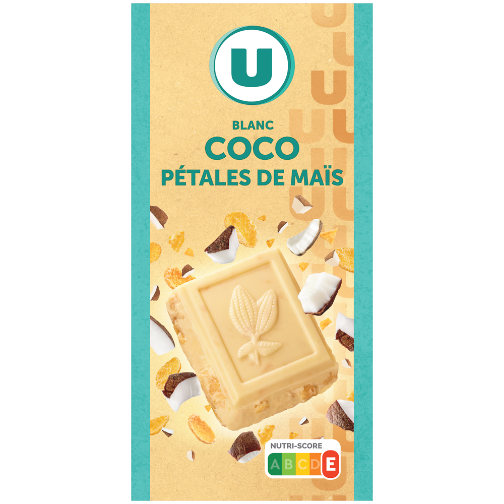 U Chocolat blanc à la noix de coco et pétale de maïs  Tablette de 200g