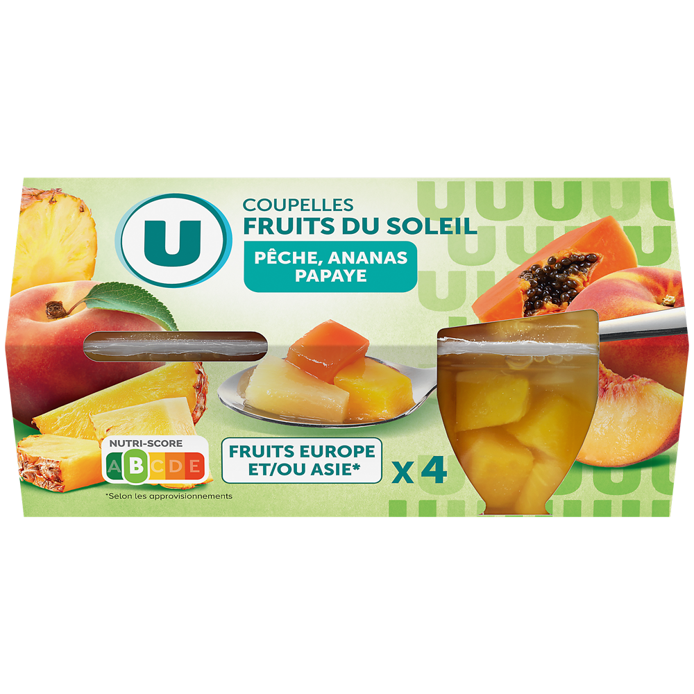 U Coupelles de fruits du soleil à la pêche, ananas et papaye  4x260g