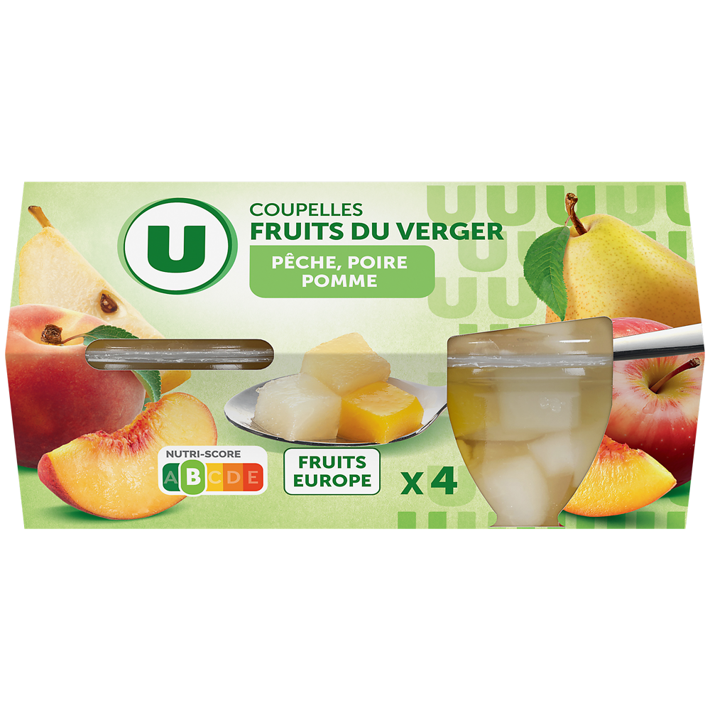 U Coupelles fruits du verger à la poires, pêches et pommes  4x113g