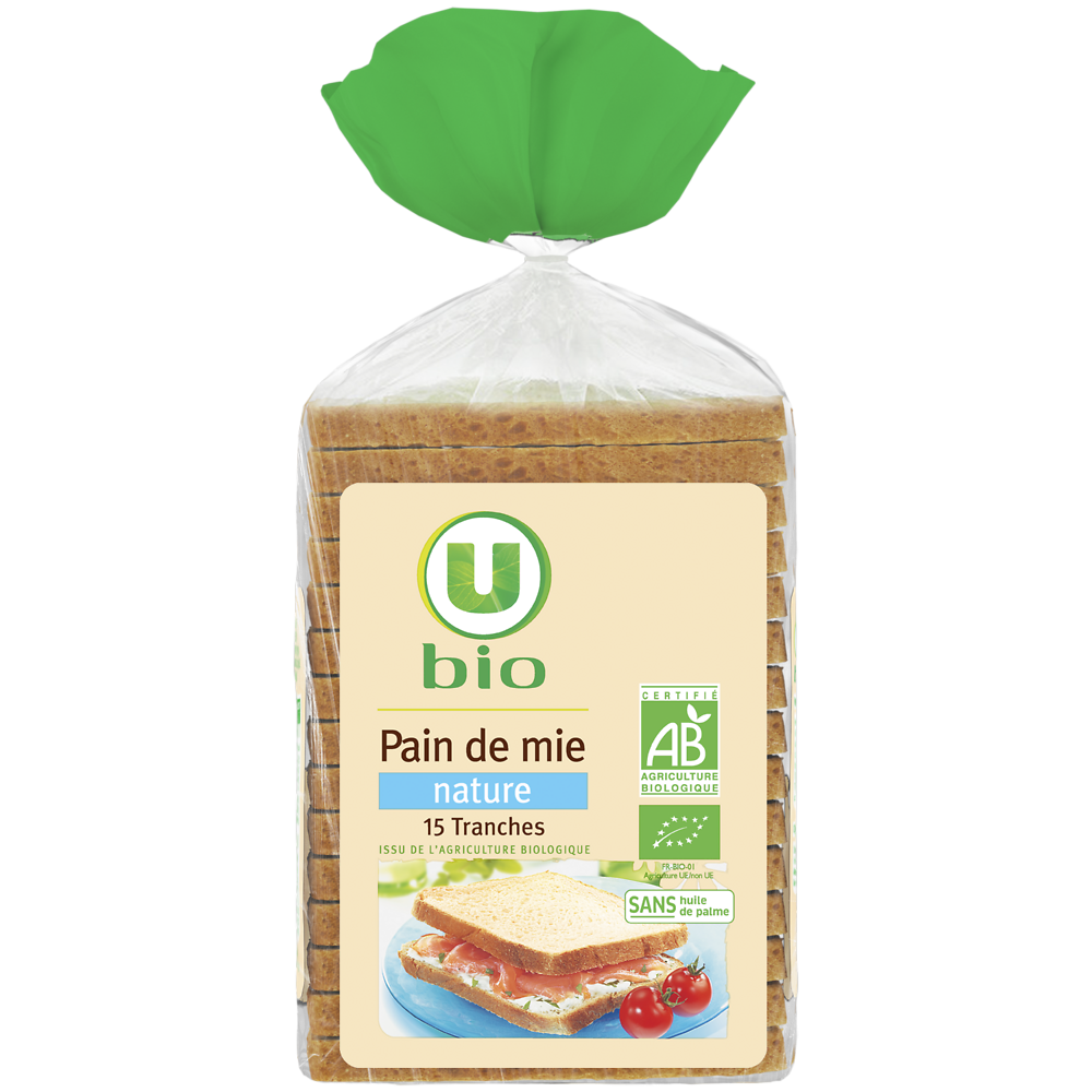 U BIO Pain de mie spécial sandwich nature grandes tranches  500g