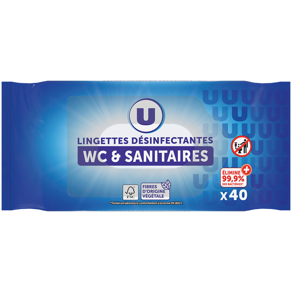 U Lingettes nettoyantes WC anti-bactériennes jetables U x32Lingettes nettoyantes WC anti-bactériennes jetables U x32