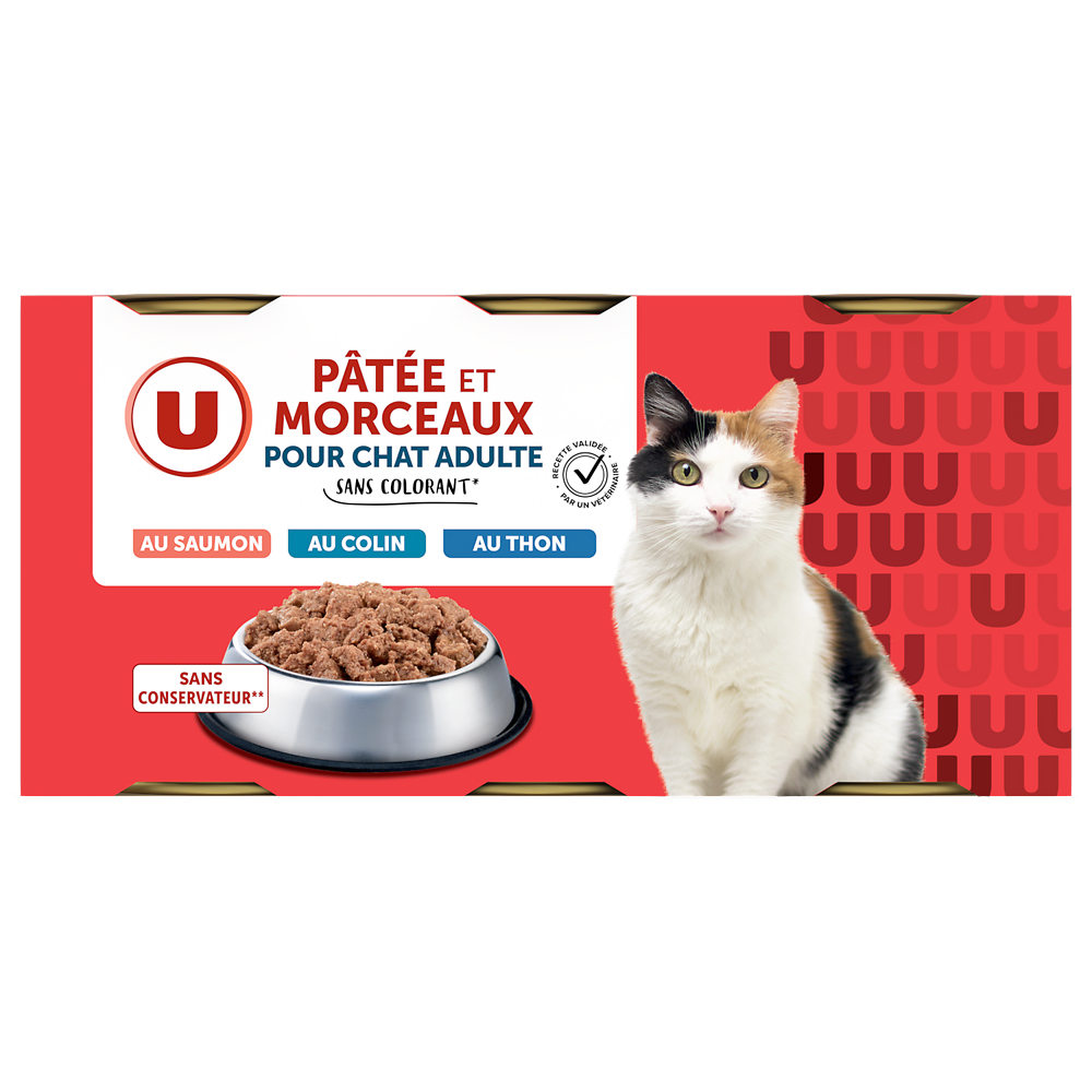 U Boîtes pour chat Pâtée & morceaux saumon MSC, colin MSC, dorade MSC -3x400g