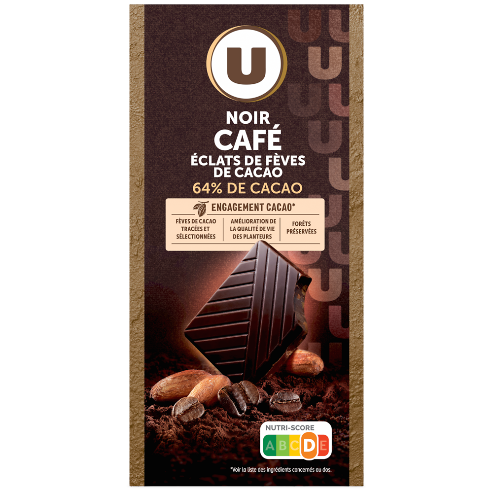 U Chocolat noir café éclats fèves de cacao dégustation  Tablette de 100g