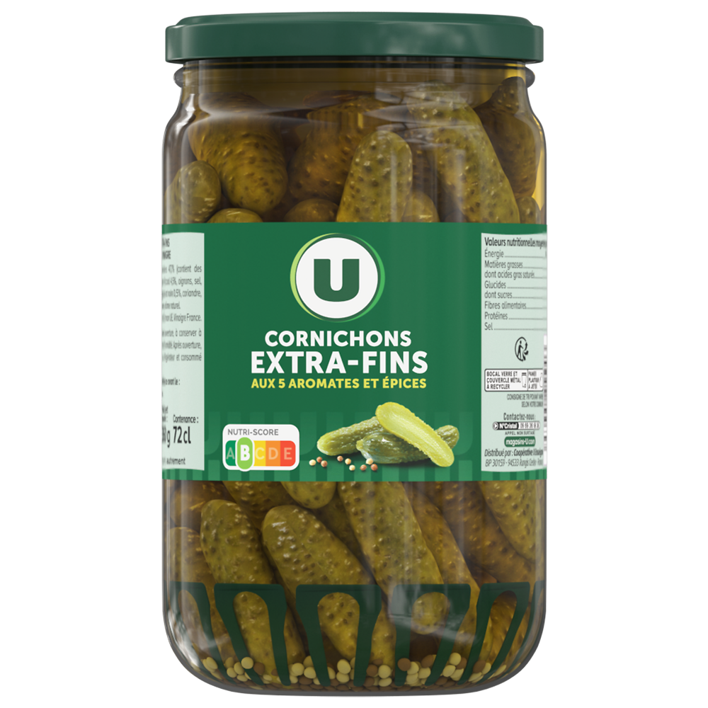 U Cornichons extra-fins au vinaigre  bocal de 72cl, 360g