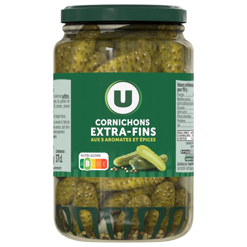 U Cornichons extra-fins au vinaigre  bocal de 185g