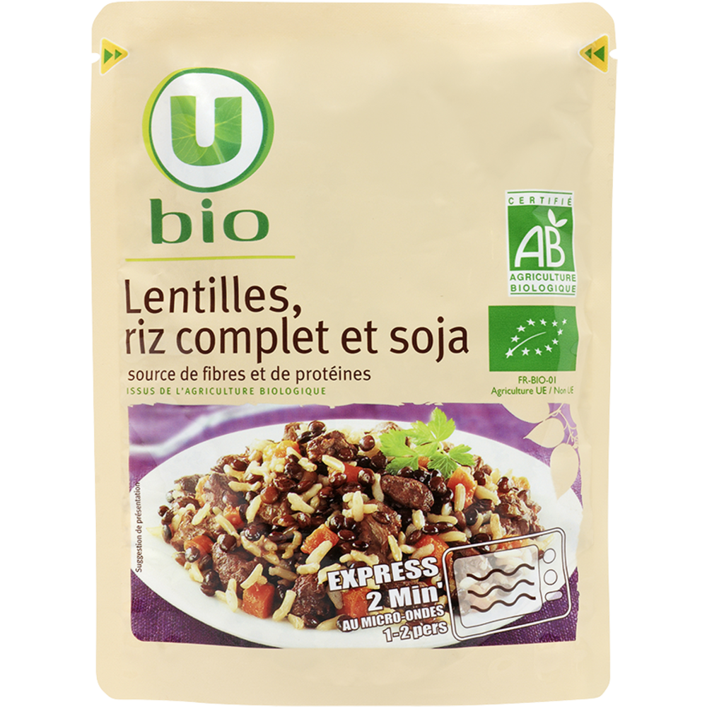 U BIO Lentilles riz complet et soja  sachet micro-ondable de 250g