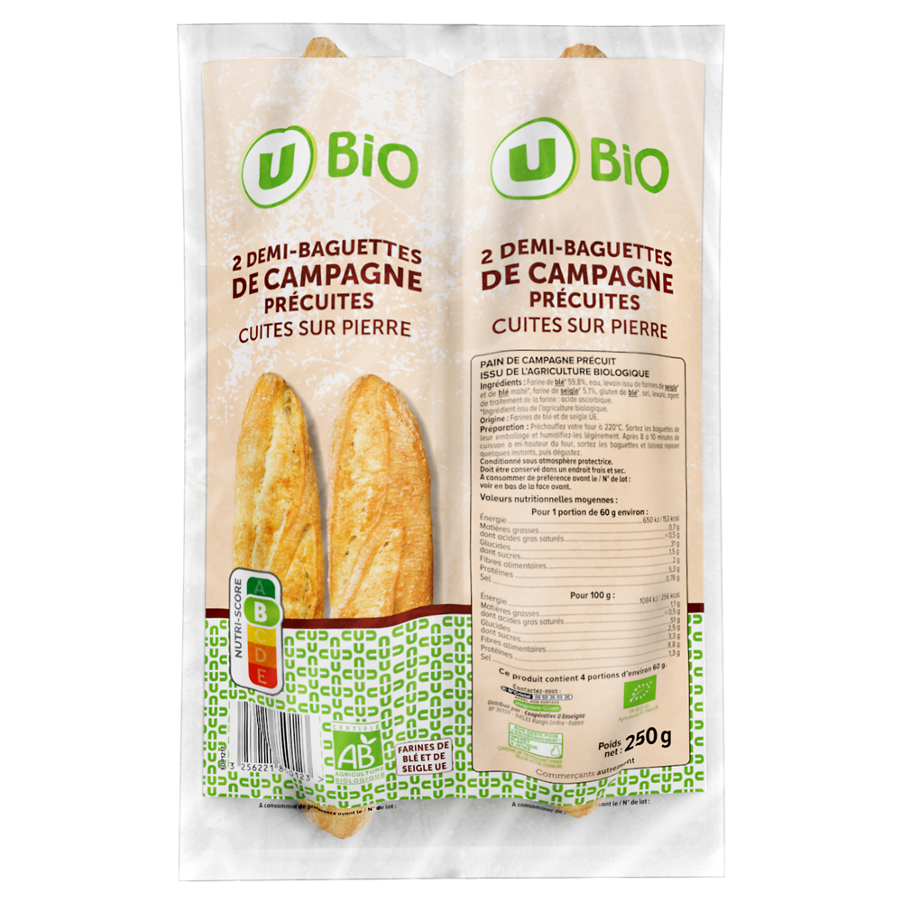 U BIO Demi baguette de campagne précuite  250g