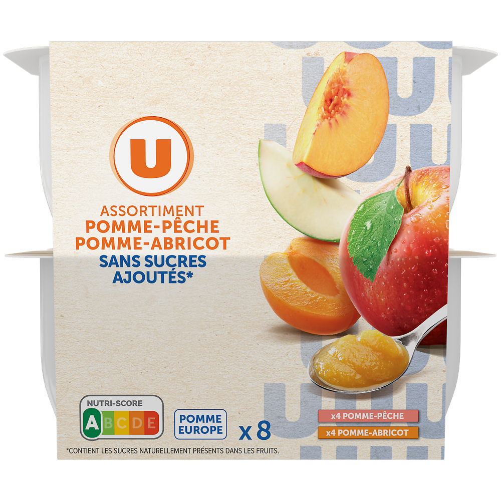 U Dessert fruitier Purée de pommes et pêches et de pommes et abricots sans sucres ajoutés8 pots de 100g