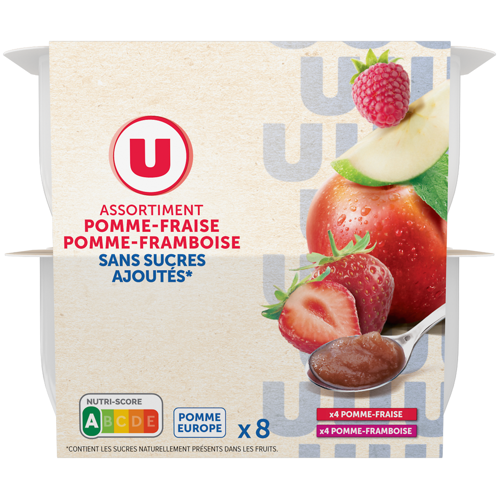 U Dessert fruitier de pommes, fraises et pommes, framboises sans sucresajoutés 8 pots de 100g