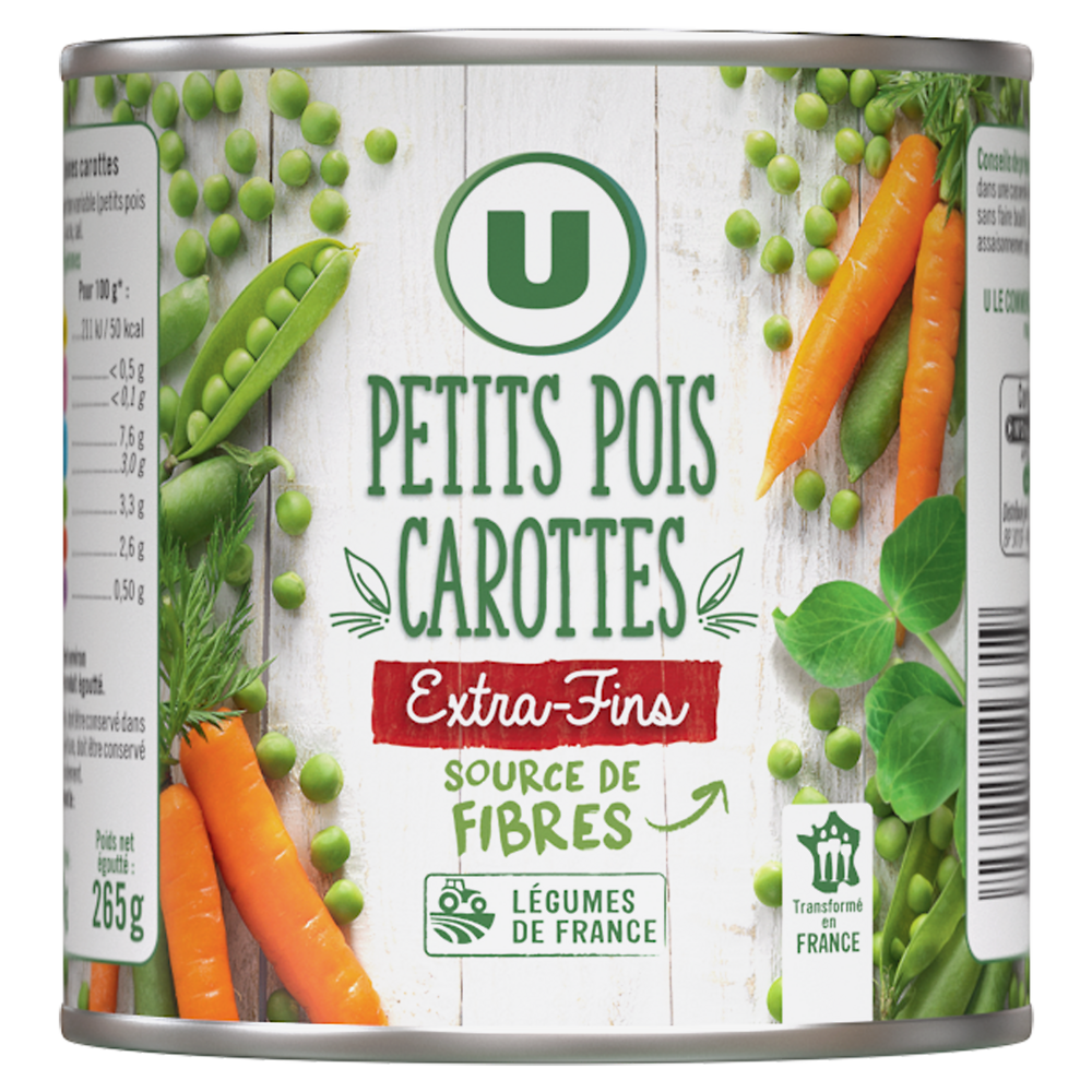 U Petits pois et carottes extra fins - Boîte de 265g net égoutté