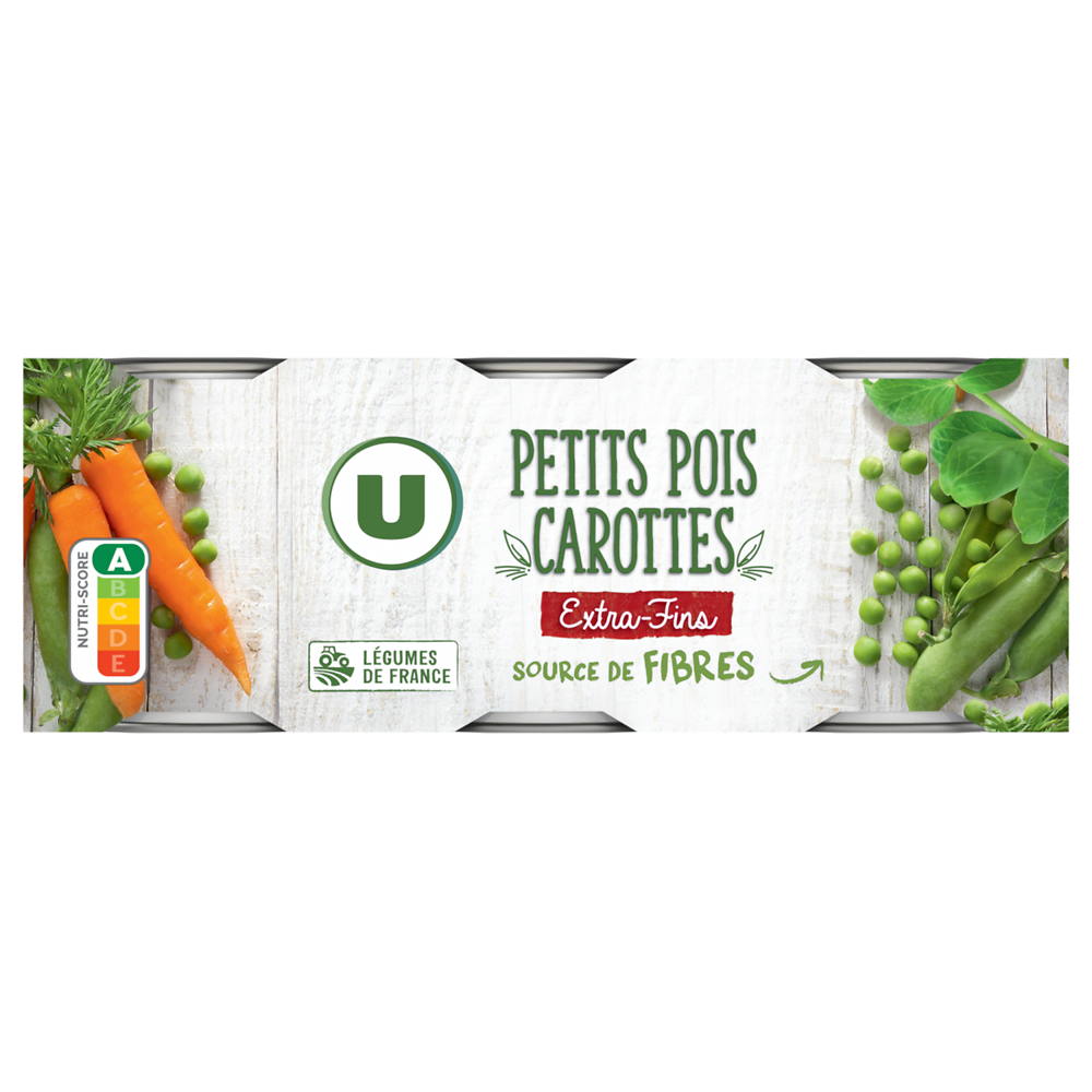 U Petits pois et carottes extra-fins - 3 boîtes de 130g net égoutté