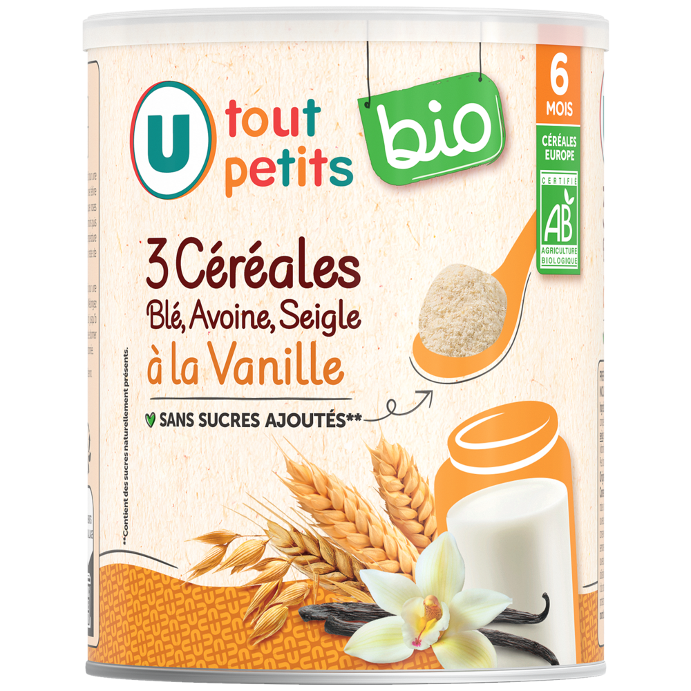 U TOUT PETITS BIO 3 céréales blé avoine seigle vanille 6 mois U TOUT PETITS BIO 220g