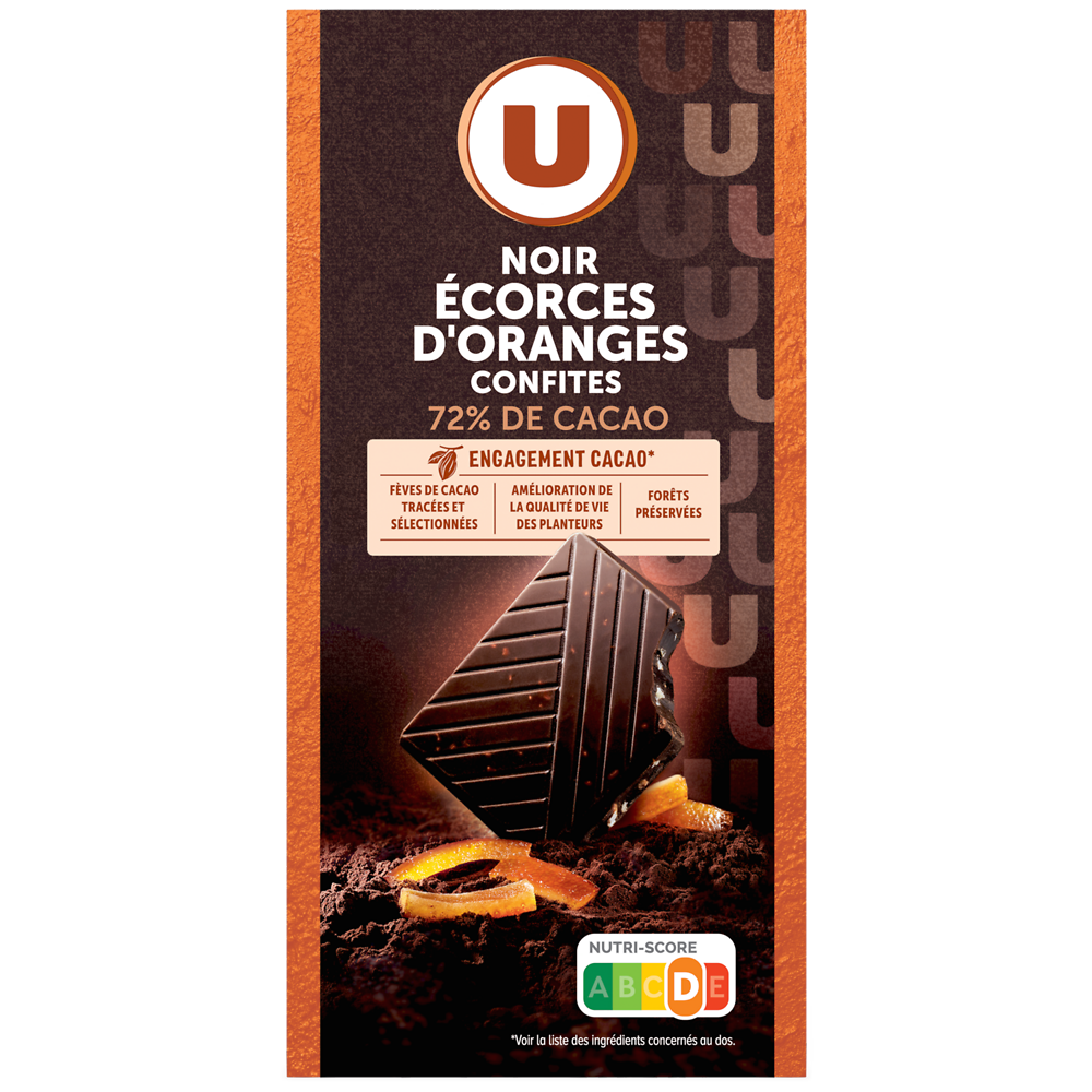 U Chocolat noir 72% de cacao aux écorces d'orange - tablette 100g