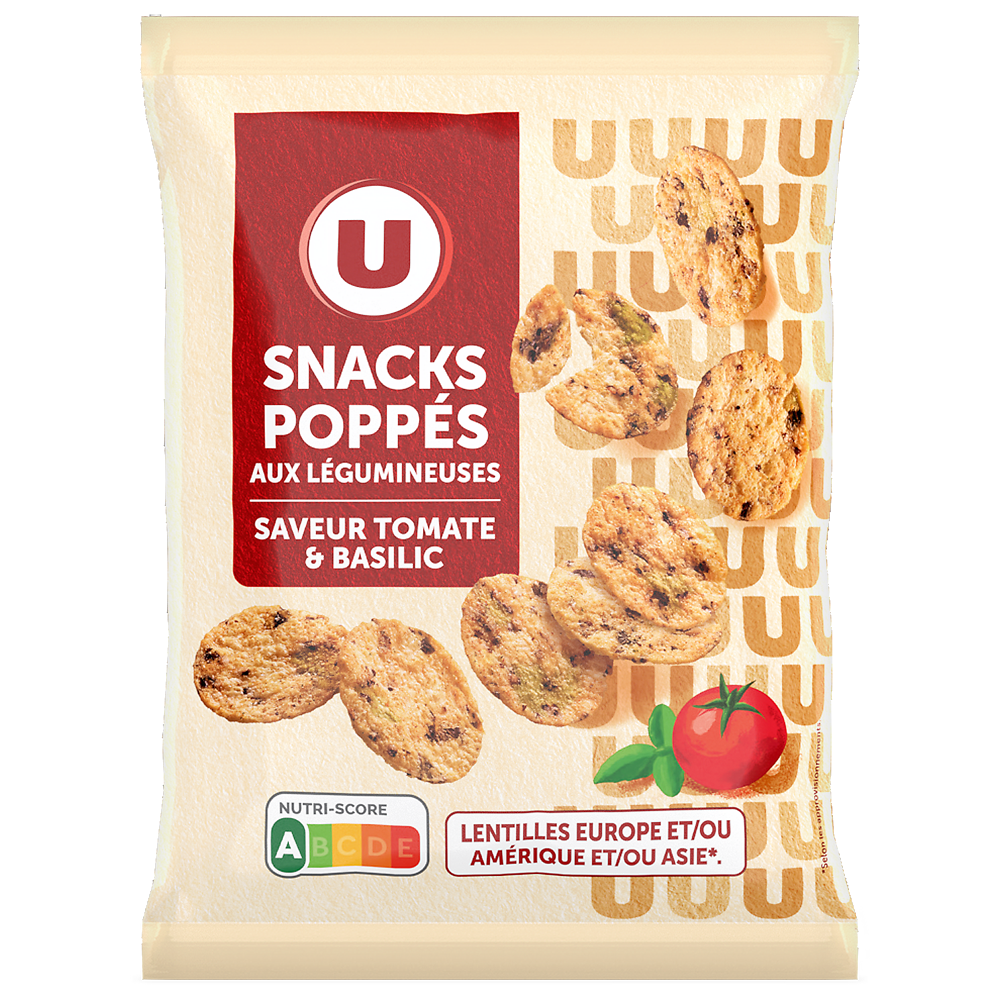 U Snacks poppes saveur tomate ail basilic U, sachet de 70g